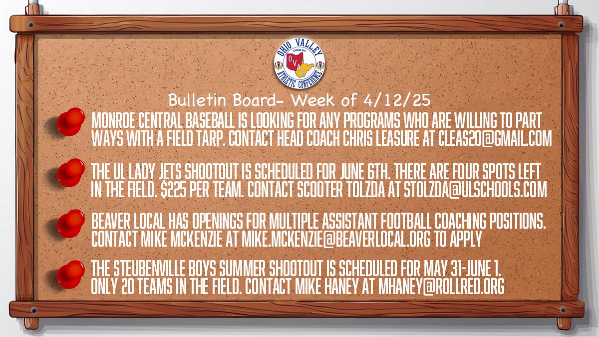 OVAC_One's tweet photo. A new series of postings you will see on our social media pages will be the current OVAC Bulletin Board. Coaches and administrators, to be featured in a future bulletin board, please send your request, event, or opening through the OVAC group email or tag or message the OVAC social media pages.

-Monroe Central Baseball is looking for any programs who are willing to part ways with a field tarp. Contact Head Coach Chris Leasure at cleas20@gmail.com.

-The UL Lady Jets Shootout is scheduled for June 6th. There are four spots leftin the field. $225 per team. Games will be played at Union Local HS and at The ECO Center. Contact Scooter Tolzda at stolzda@ulschools.com to register or for more information.

-Beaver Local has openings for multiple Assistant Football Coaching https://t.co/7p2zrJKXnE Mike McKenzie at mike.mckenzie@beaverlocal.org to apply.

-The Steubenville Boys Summer Shootout is scheduled for May 31-June 1.Only 20 teams in the field. $300 per team. Games will be played at Steubenville High School and at Harding Middle School. Contact Mike Haney at mhaney@rollred.org to register or for more information.

@MCNoles @ULGirlsHoops @BL_Athletics @BeaverFB_JUICE @AthleticsBigRed