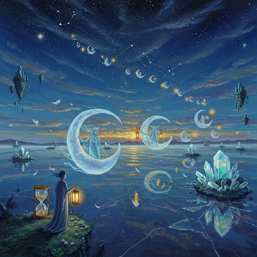 intsutkb's tweet photo. 🌌 The Silent Voyage of the Starlit Caravan: Ethereal figures on crescent vessels drift in a twilight sky, lanterns glowing amber. Indigo cosmos, crystalline islands, a figure with an hourglass—sands spill up. A mirrored sea reflects their quest for a starry home. ✨ #Art https://t.co/tKamqrWEcD