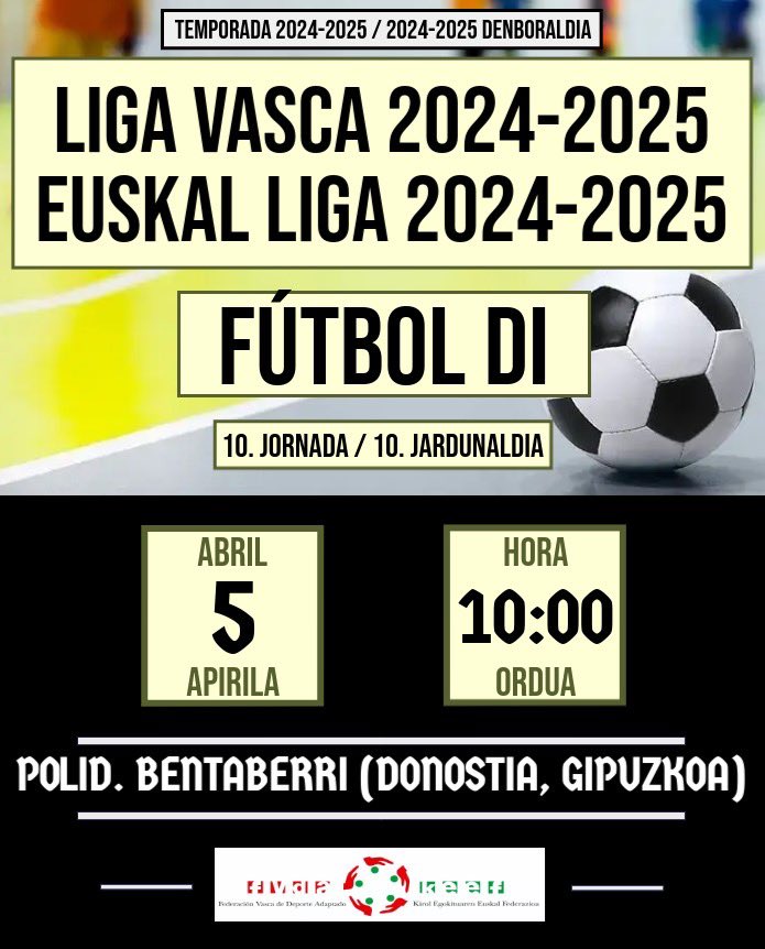 ⚽️ LIGA VASCA FÚTBOL DI 2024-2025 ⚽️

🔸 10ª JORNADA / 10. JARDUNALDIA 🔸

Kategoria guztietako sailkapenak eskuragarri daude jada gure webgunean.

🏆 Resultados/Emaitzak: deporteadaptadoeuskadi.org/txapelketak/

#fvda_keef #deporteadaptado #kirolegokitua #futbol #futboldi