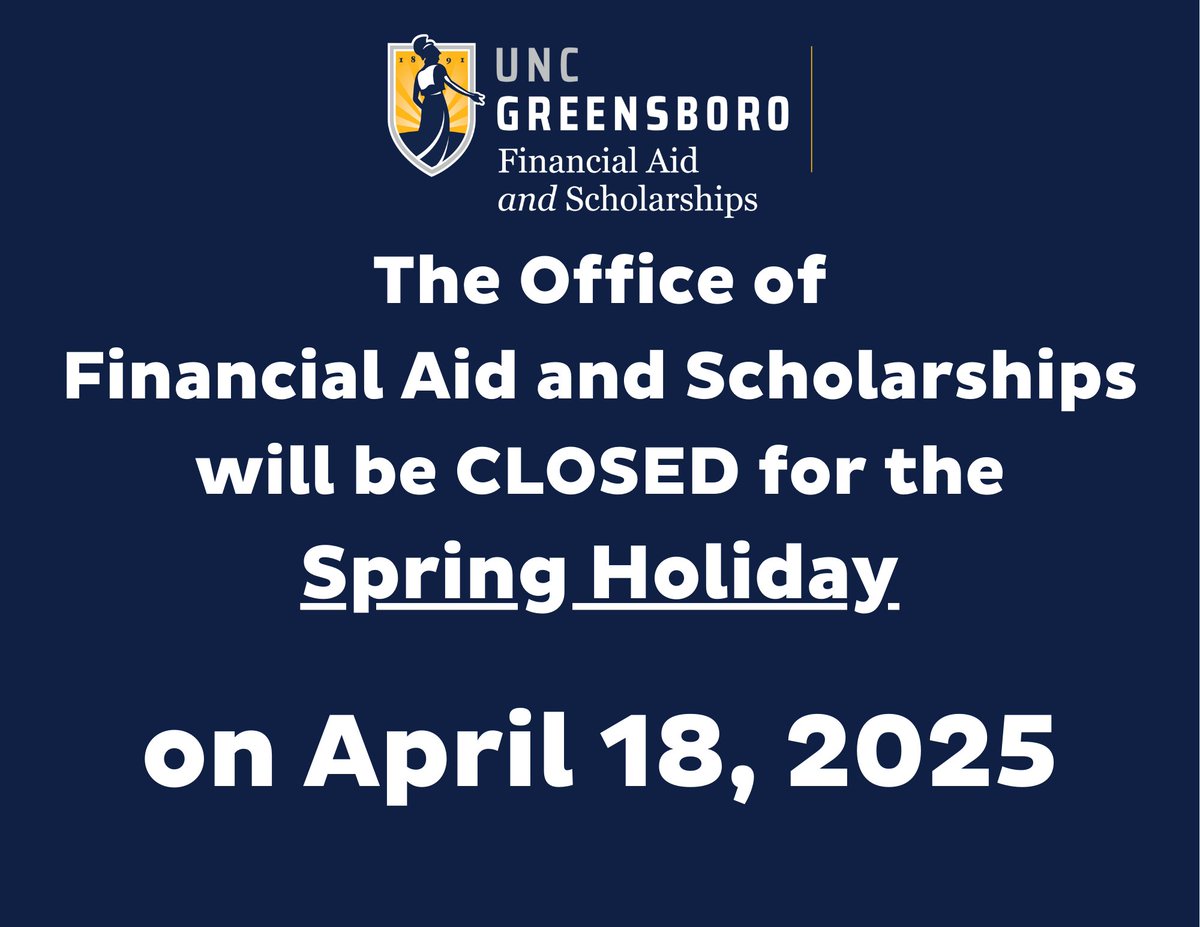 Our office will be closed in observance of the University's Spring Holiday on April 18, 2025. We will return at 9am on April 21, 2025. #UNCGOFAS #UNCG