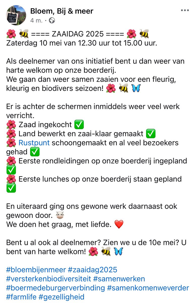 Zaterdag 10 mei zaaien we samen met de deelnemers van ons initiatief om de biodiversiteit te versterken. Doet u al mee? Geef u op voor nog meer bloemenpracht! 🌺🐝🦋