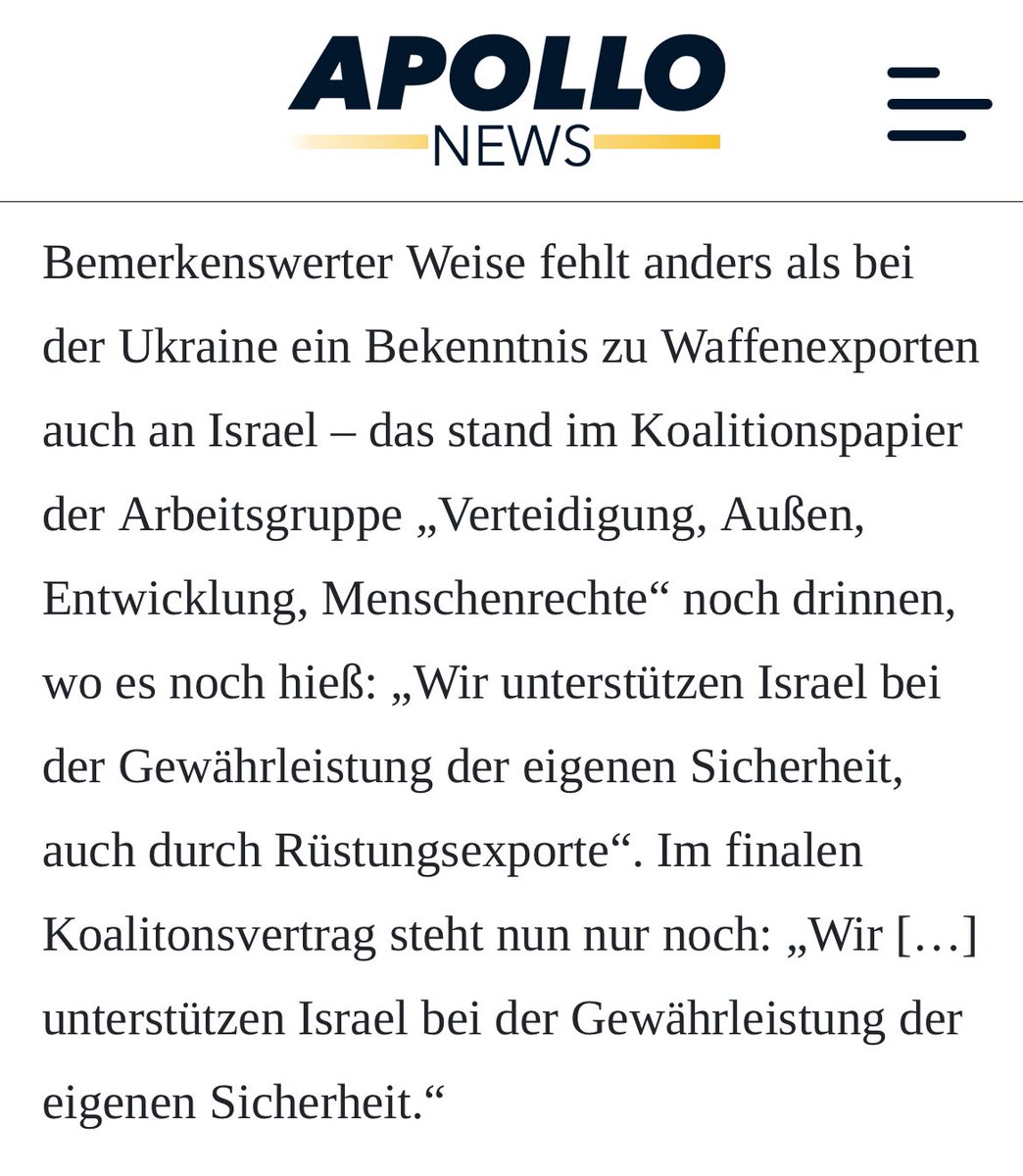 Im finalen Koalitionsvertrag fehlt auf einmal das Bekenntnis zu Waffenexporten nach Israel - im Arbeitsgruppen-Entwurf war es noch enthalten.

apollo-news.net/atomkraft-steu…