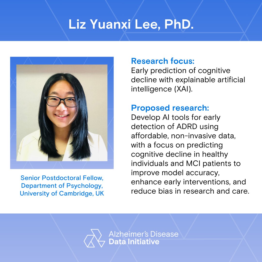 Alzheimer's Disease Data Initiative (@alzdata) on Twitter photo Meet Liz Yuanxi Lee, PhD! 🎉 She is joining the Gates Sr. AD Fellows to tackle #Alzheimer's with AI. As a Senior Postdoc at <a href="/Cambridge_Uni/">Cambridge University</a>, Liz will develop AI tools for early #ADRD detection using non-invasive data. Meet Liz Yuanxi Lee, PhD! 🎉 She is joining the Gates Sr. AD Fellows to tackle #Alzheimer's with AI. As a Senior Postdoc at <a href="/Cambridge_Uni/">Cambridge University</a>, Liz will develop AI tools for early #ADRD detection using non-invasive data.