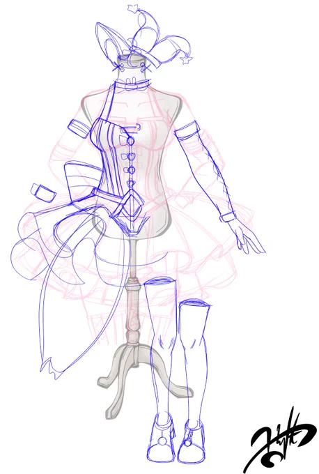 描きたくなったのでらくがき中。個人的な悩みだけどコスプレ衣装として描くのかキャラの衣装として描くのかで描くパーツが変わるからどっちにしようかお悩み中 