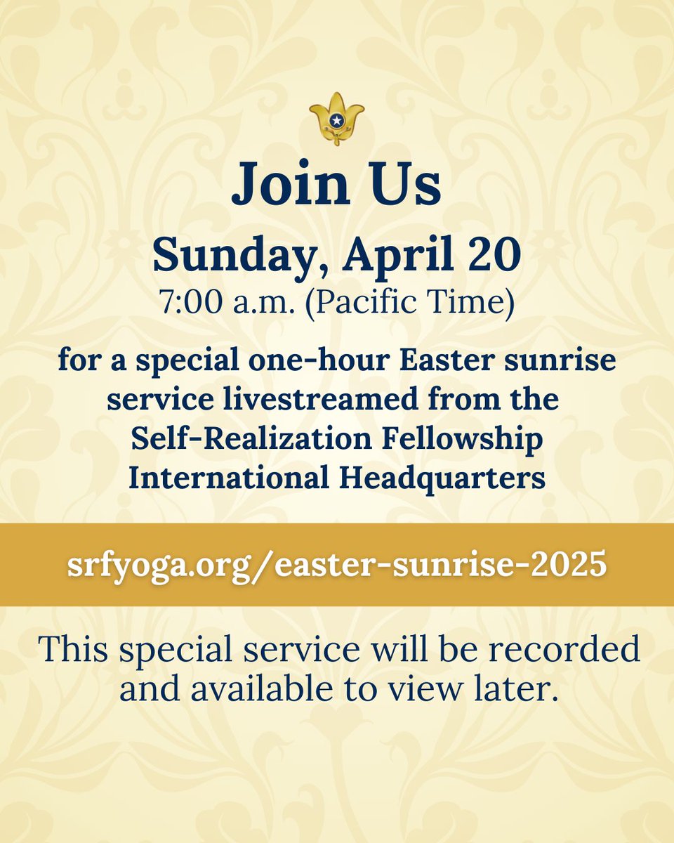 srfyogananda's tweet photo. This year marks the 100th anniversary of Paramahansa Yogananda conducting the first Easter sunrise service held at the Self-Realization Fellowship International Headquarters (the SRF Mother Center) in 1925. We are happy to announce that on Sunday, April 20, SRF/YSS President Brother Chidananda will lead a special Easter sunrise service livestreamed from the Mother Center.

While the Easter sunrise service will be conducted in English, we are very pleased to share that simultaneous interpretation will be available in German, Italian, Portuguese, and Spanish. In addition, subtitles in these languages plus French and Japanese will be added to the video as soon as possible after the event.

Learn more about the start time in your time zone and information on how to join: https://t.co/FSm1vHFyBa

#Yogananda #BrotherChidananda #Easter #SelfRealizationFellowship
