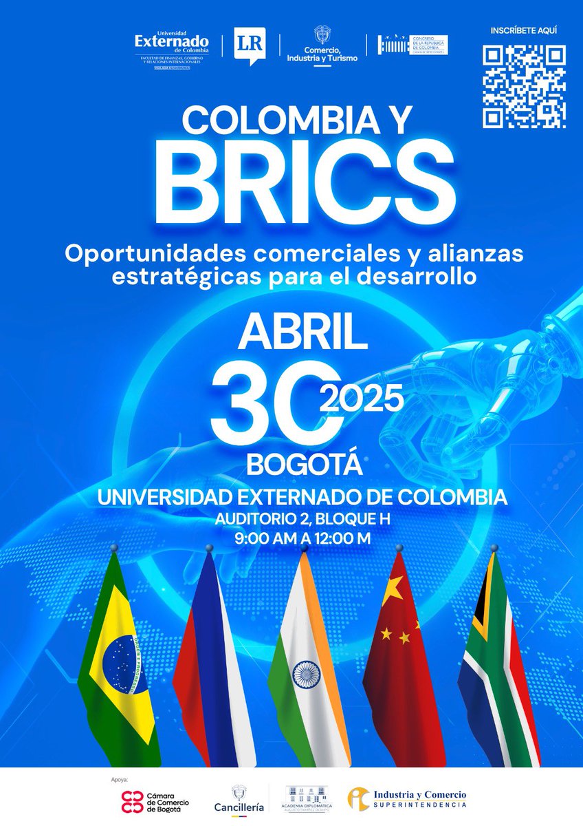 Evento Internacional

La <a href="/Comision2camara/">Comisión Segunda Camara</a>  invita al Foro *“Colombia y BRICS: Oportunidades Comerciales y Alianzas Estratégicas para el Desarrollo”*, que se llevará a cabo el miércoles 30 de abril en la Universidad Externado de Colombia, de 9:00 a.m. a 12:00 m, en el Auditorio 2,