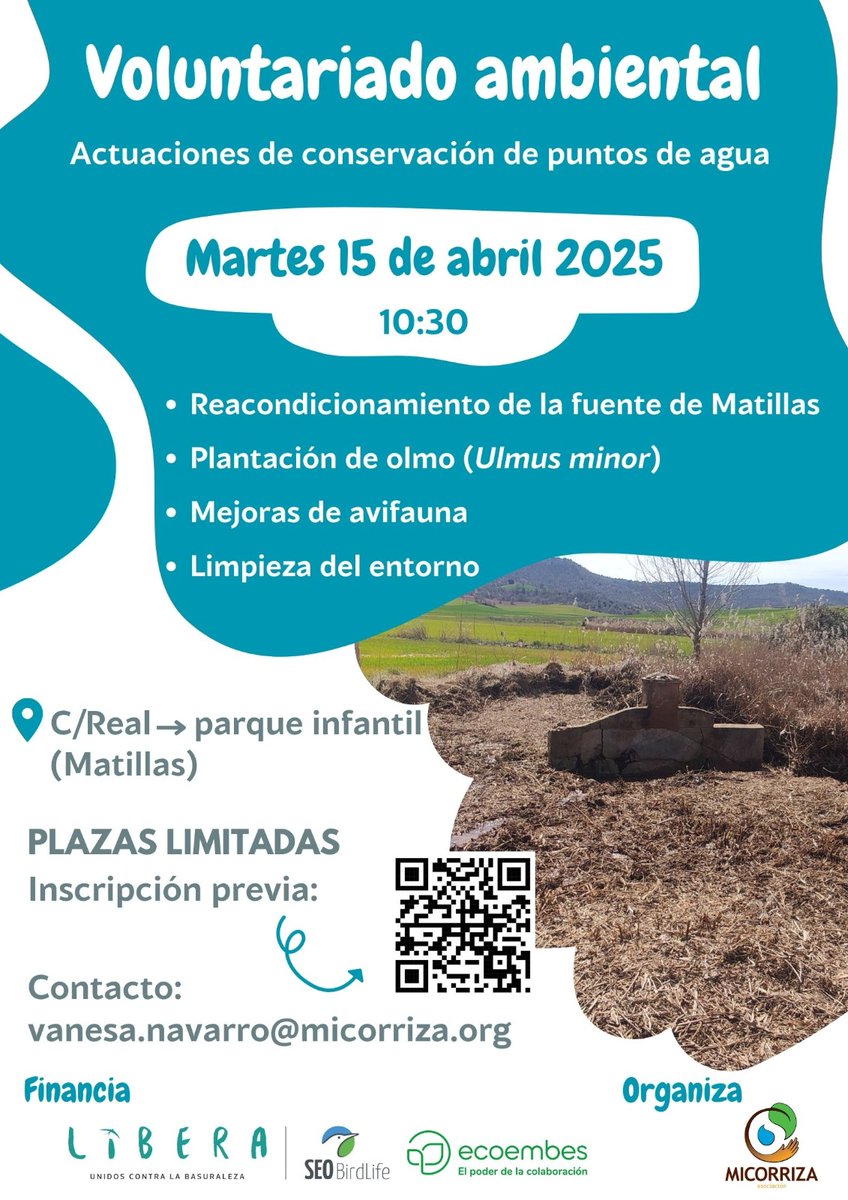 A_Micorriza's tweet photo. Jornada de #voluntariado #ambiental el #15abril a las 10.30h, en #Matillas #Guadalajara
Esta acción se desarrolla dentro del proyecto de #Micorriza "Actuaciones de conservación de #puntosdeagua en Sistemas de Alto Valor Natural", financiado por el #ProgramaLibera y @SEO_BirdLife https://t.co/cEV1ZrrFO1