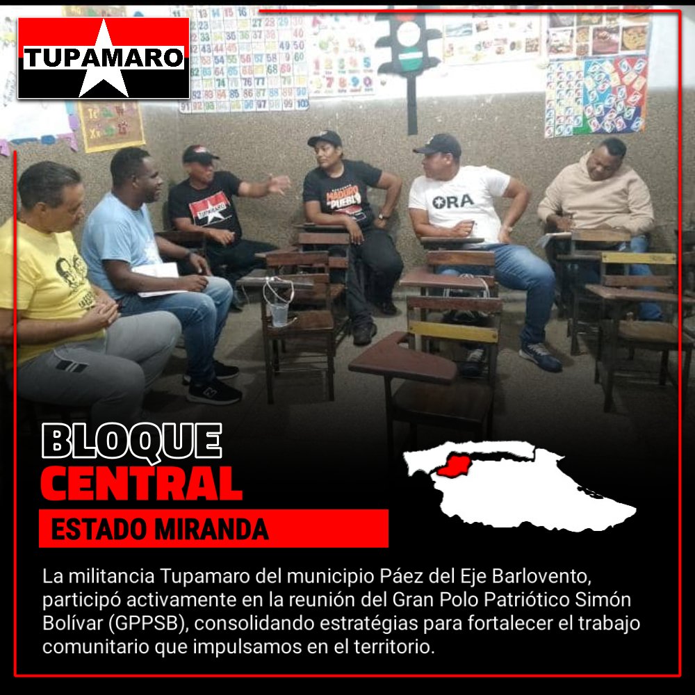 La militancia Tupamaro del municipio Páez del Eje Barlovento, participó activamente en la reunión del Gran Polo Patriótico Simón Bolívar (GPPSB), consolidando estratégias para fortalecer el trabajo comunitario que impulsamos en el territorio.