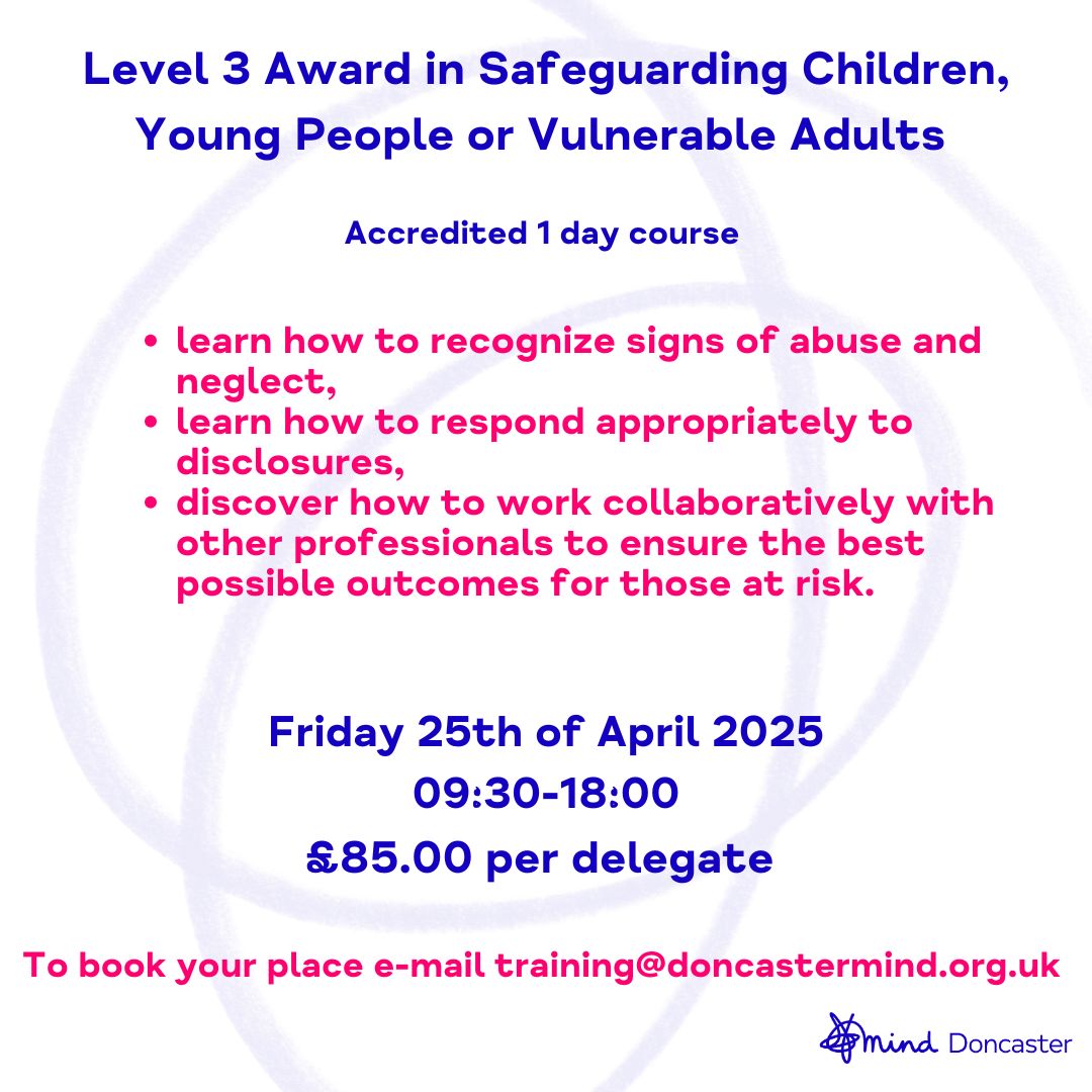 DoncasterMind's tweet photo. Join our classroom-based, accredited Level 3 Safeguarding training — perfect for professionals working with children, young people, or adults at risk.

More info👇
https://t.co/vU7jKG1js1

#DoncasterMind  #SafeguardingTraining #Level3Training  #doncasterisgreat https://t.co/3UZGaXbs5l