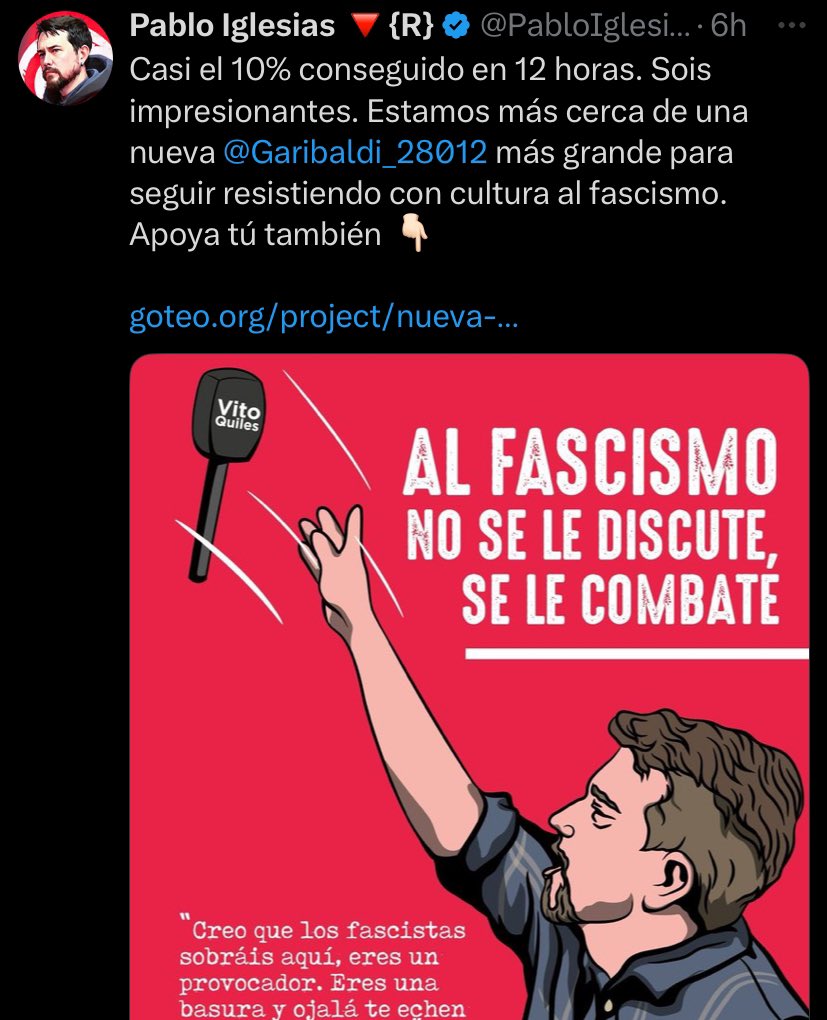 Es muy difícil combatir al fascismo si se utiliza lo de lanzar el micro a Vito Quiles para pedir dinero para ampliar tu negocio, <a href="/PabloIglesias/">Pablo Iglesias 🔻{R}</a>. Nosotros tenemos que luchar contra el fascismo para tener un plato de comida y un techo. El antifascismo no es marketing.