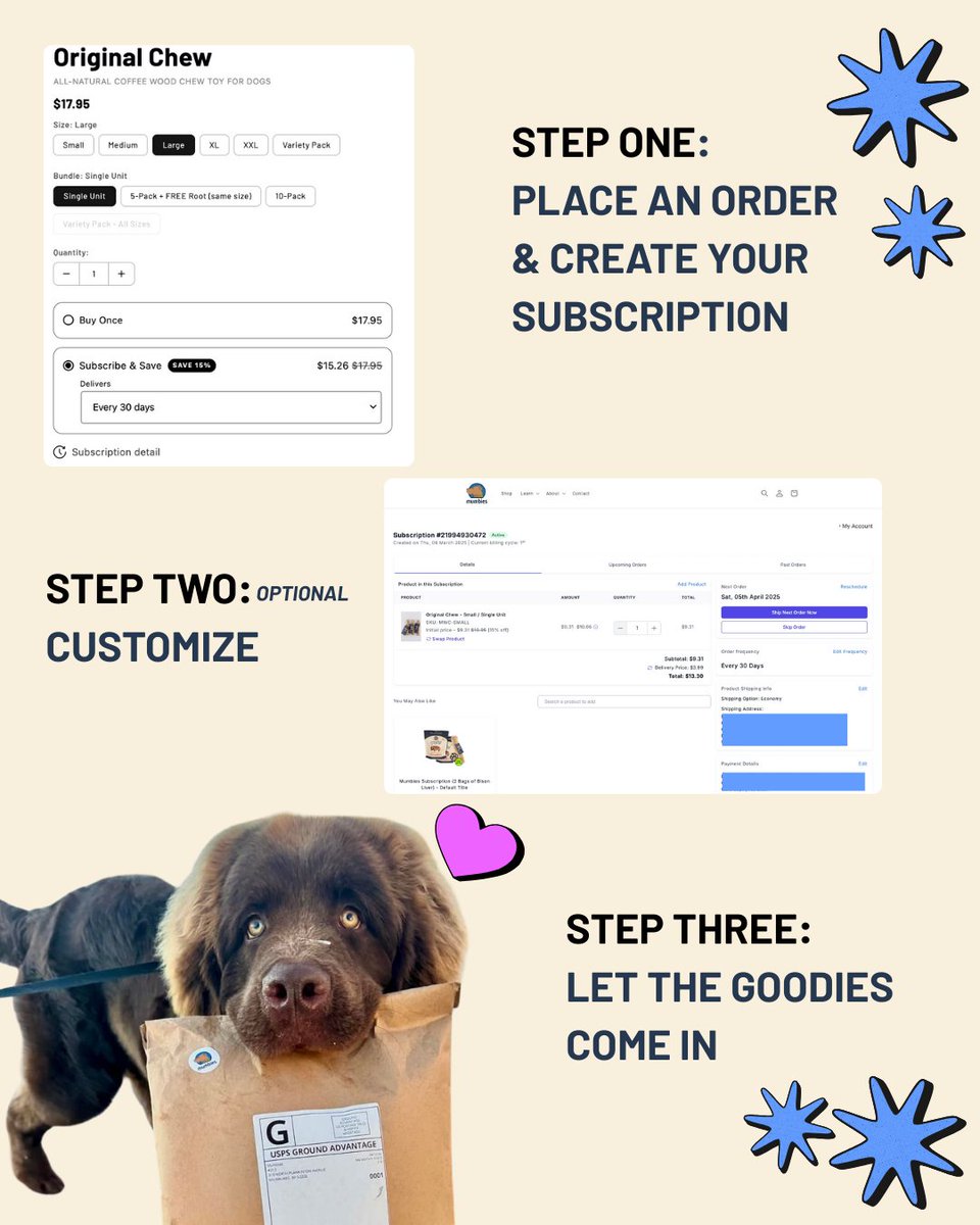 Never run out of your dog’s favorite chews again! ✨🐾

Save on every order with a fully customizable Mumbies subscription—pause, skip, or cancel anytime. It’s flexible, simple, and made to fit your pack’s needs.