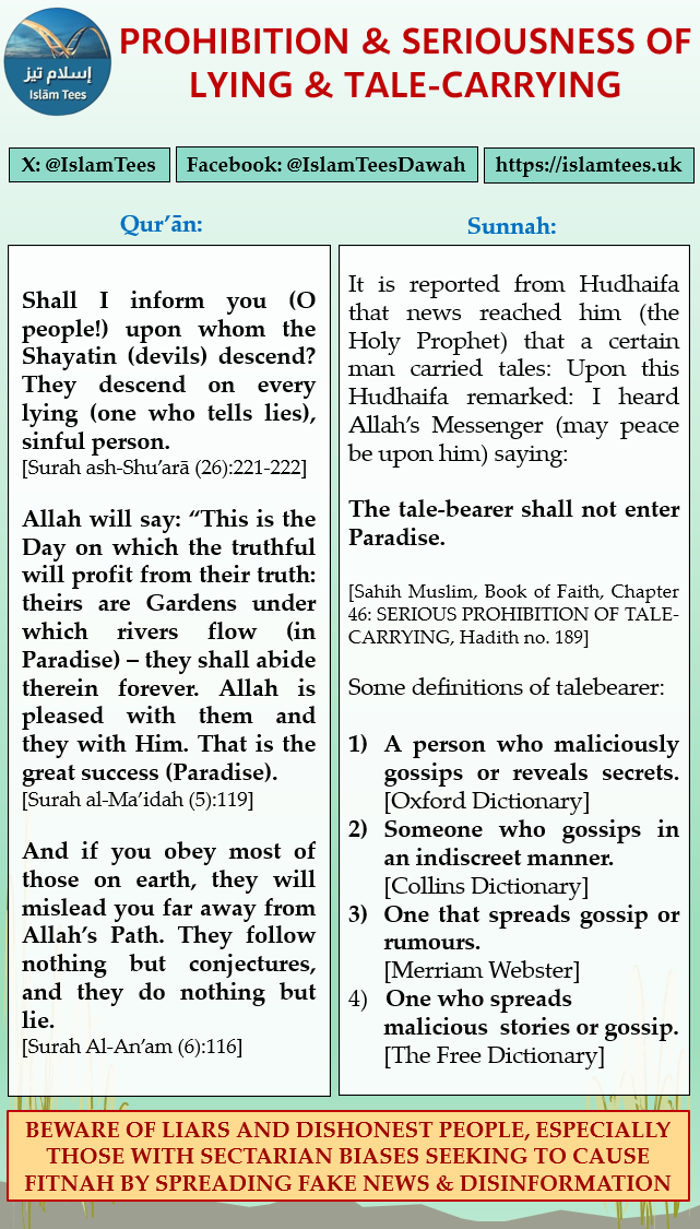 IslamTees's tweet photo. Prohibition and Seriousness of Lying & Tale-carrying
#fakenews #breakingnews #unverified #nosource #suspicion #hearsay #gossip #rumour #story #secret #tales #lies #liar #dishonest #deceit #trickery #disinformation #misinformation https://t.co/S8hghth1C9