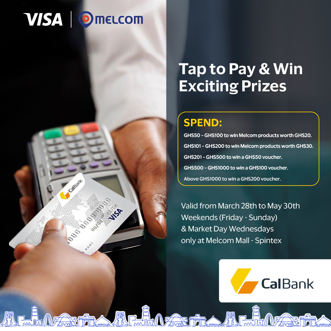 CalBankPLC's tweet photo. Tap. Pay. Win at Melcom!

Shop at Melcom Mall - Spintex from now to 30th May 2025 and pay with your CalBank Contactless Visa Card for a chance to win shopping vouchers, products, and exclusive gifts! 🎁

It’s fast, easy, and reliable—Just Tap to Pay and you could be our next winner!

#CalBank #ForwardTogether #TapToPay #ShopAndWin #Visa