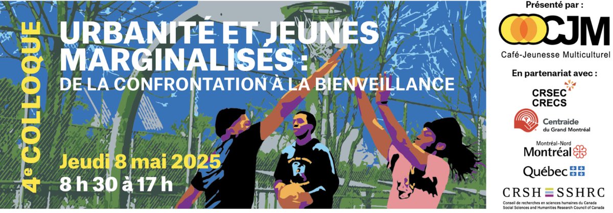 📣Nous sommes heureux d'annoncer la 4e édition du Colloque des jeunes urbains et marginalisés - avec le Café-Jeunesse Multiculturel.

Joignez-vous à nous pour une journée remplie de discussions sur la prise en charge des jeunes marginalisés à Montréal-Nord:shorturl.at/TU7ld