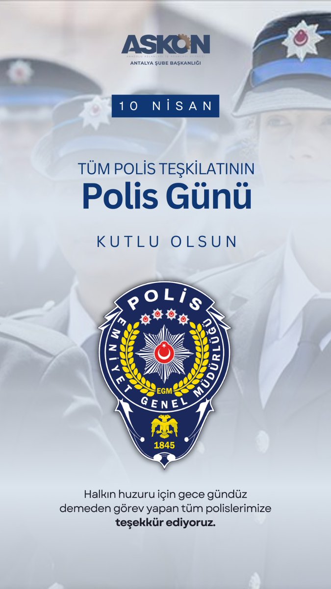 AntalyaAskon's tweet photo. Kahraman Türk Polis Teşkilatımızın 180. Kuruluş Yıl Dönümü Kutlu Olsun,milletimizin huzuru ve güvenliği için fedakârca görev yapan polislerimize şükranlarımızı sunuyor, şehitlerimizi rahmetle anıyoruz.
ASKON Antalya Şubesi olarak varlığınızla gurur duyuyoruz. #Türkpolisi #Askon https://t.co/JKkqgpqXGk