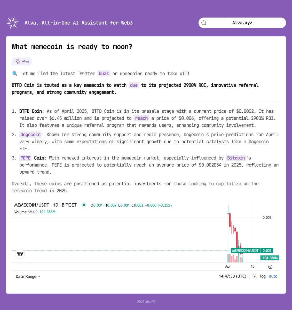 delaweb3's tweet photo. @MrWhaleREAL Riding the memecoin wave! 🌊

 When BTFD Coin and Dogecoin are ready to skyrocket, make sure you're ahead with AlvaApp guiding your crypto journey. 🚀 Stay informed, stay ahead! 

#AlvaApp #CryptoInsights https://t.co/vjtL5uKar1