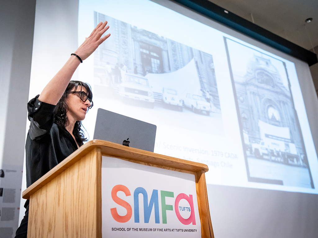 Daniela Rivera, AG06, painter, sculptor, and Professor of Art at Wellesley College, discusses the role of “art action” in Chile during her keynote address at the Arts and Society symposium hosted by <a href="/SMFAatTufts/">SMFA at Tufts</a> and the Office of the Vice Provost for Research.