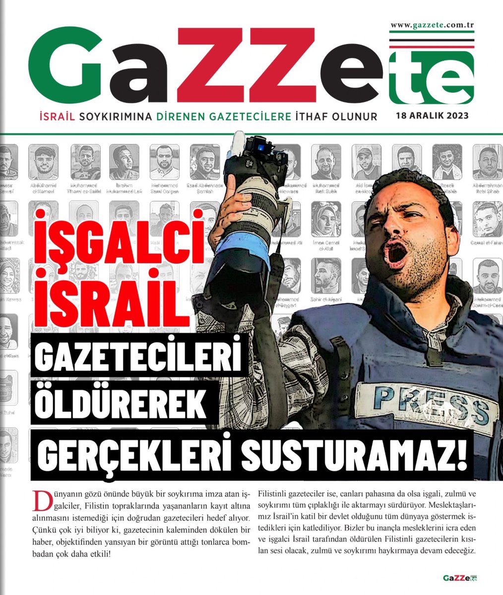 PressPalestine_'s tweet photo. İsrail saldırılarının ardından Gazzeli Şehit Gazeteci meslektaşlarımızın anısına çıkardığımız Gazzete’nin ilk sayısını aşağıdaki linkten okuyabilirsiniz..

https://t.co/ypYz2NeVce

#Gazzete 
#IsraelBurnsJournalists https://t.co/4xu5pxXhwl
