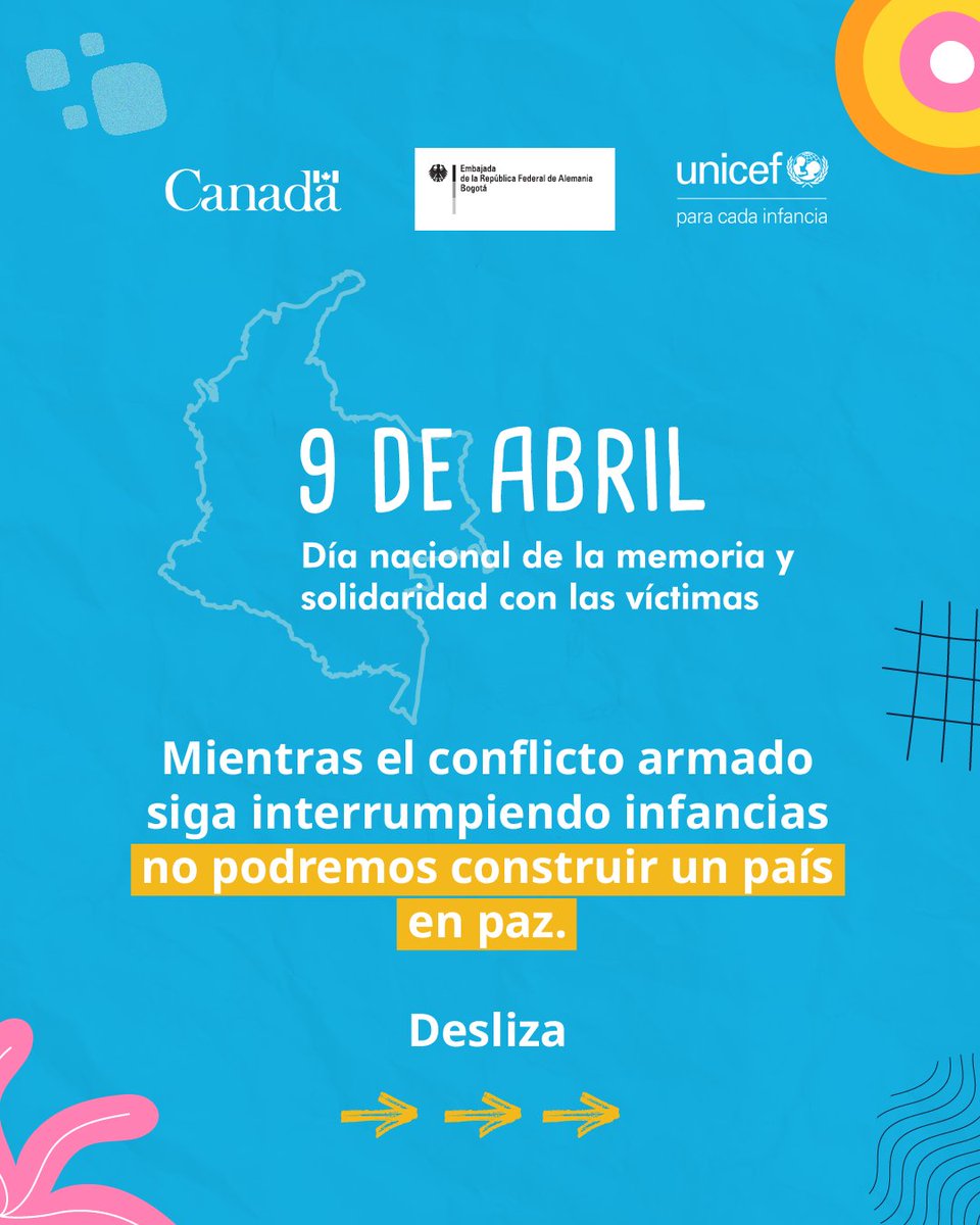 UNICEFColombia's tweet photo. 🧵Por décadas, el conflicto armado ha vulnerado los derechos de niñas, niños y adolescentes, alejándolos de sus hogares, escuelas, territorios e interrumpiendo sus infancias. Mientras las vulneraciones se repitan, no podremos construir un país en paz. 

#SusVocesSonMemoria https://t.co/aX5RRtyHCF