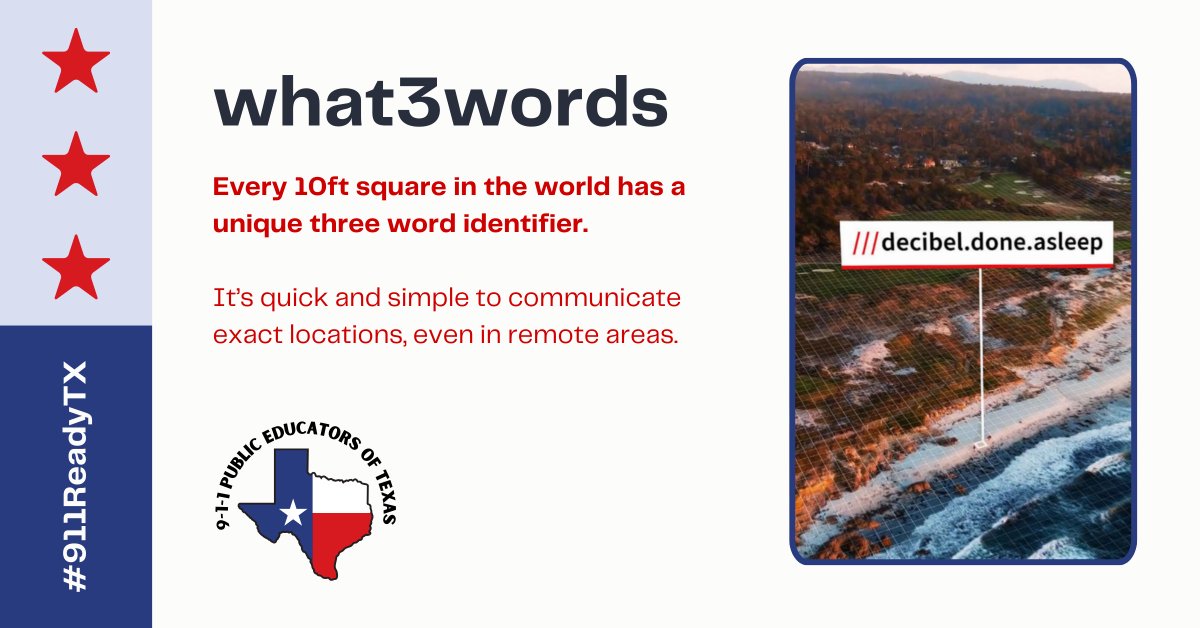 NCT9_1_1's tweet photo. What3Words is a simple way to tell 9-1-1 exactly where you are! 🔍This free app assigns every 10x10 ft location in the world a unique three-word code—making it super easy to tell 9-1-1 exactly where help is needed! #911ReadyTX #911EducationMonth #KnowYourLocation #What3Words https://t.co/RvNyyqC5Yx