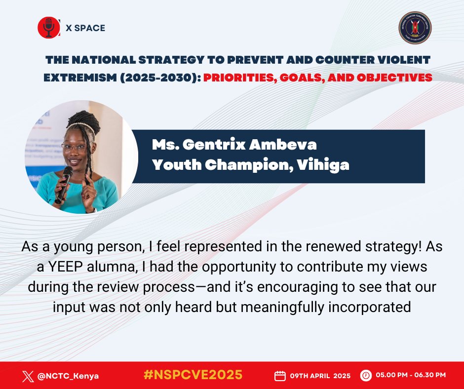 NCTC Kenya (@nctc_kenya) on Twitter photo As a young person, I feel represented in the renewed strategy! As a <a href="/YEEPAlumniKenya/">YEEP Alumni Kenya</a>, I had the opportunity to contribute my views during the review process—and it’s encouraging to see that our input was not only heard but meaningfully incorporated - <a href="/Genty_m_ambeva/">Genty Ambeva</a> As a young person, I feel represented in the renewed strategy! As a <a href="/YEEPAlumniKenya/">YEEP Alumni Kenya</a>, I had the opportunity to contribute my views during the review process—and it’s encouraging to see that our input was not only heard but meaningfully incorporated - <a href="/Genty_m_ambeva/">Genty Ambeva</a>