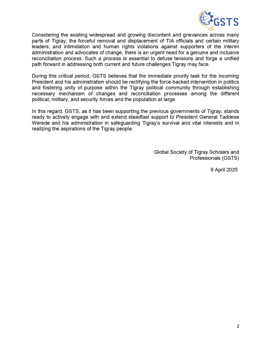 Global Society of Tigray Scholars & Professionals (@globalgsts) on Twitter photo For Immediate Release
Statement on Leadership Change in Tigray Interim Administration
-----------------------
The Global Society of Tigray Scholars and Professionals (GSTS, <a href="/GlobalGsts/">Global Society of Tigray Scholars & Professionals</a> ) notes the handover of power within the Presidency of the Tigray Interim Administration (TIA) For Immediate Release
Statement on Leadership Change in Tigray Interim Administration
-----------------------
The Global Society of Tigray Scholars and Professionals (GSTS, <a href="/GlobalGsts/">Global Society of Tigray Scholars & Professionals</a> ) notes the handover of power within the Presidency of the Tigray Interim Administration (TIA)
