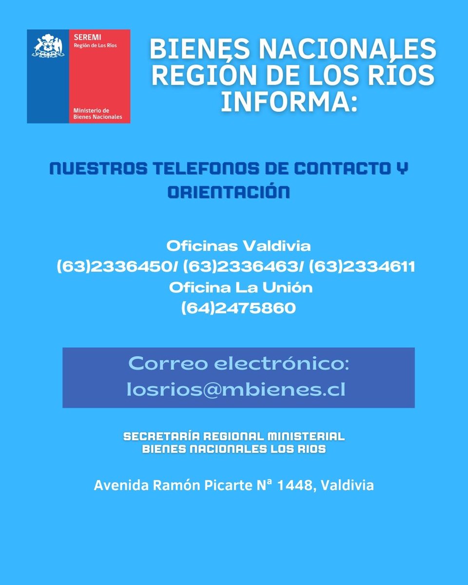 ¡Buen día! Desde la seremi de <a href="/LosRiosBBNN/">Seremi de Bienes Nacionales Los Ríos</a>  les actualizamos los números telefónicos de contacto y orientación de nuestras oficinas en #Valdivia y #LaUnión.
¡Recuerden que estamos ubicados en Avenida Ramón Picarte Nº 1448, Valdivia!