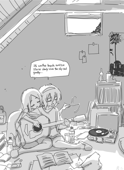 ファンボックスに『ひじゆめのイチャイチャイメージビデオ』リクエストが来たので屋根裏部屋で特典映像に使う楽曲の練習してる由愛ちゃんと付き添い聖ちゃんを描きました 