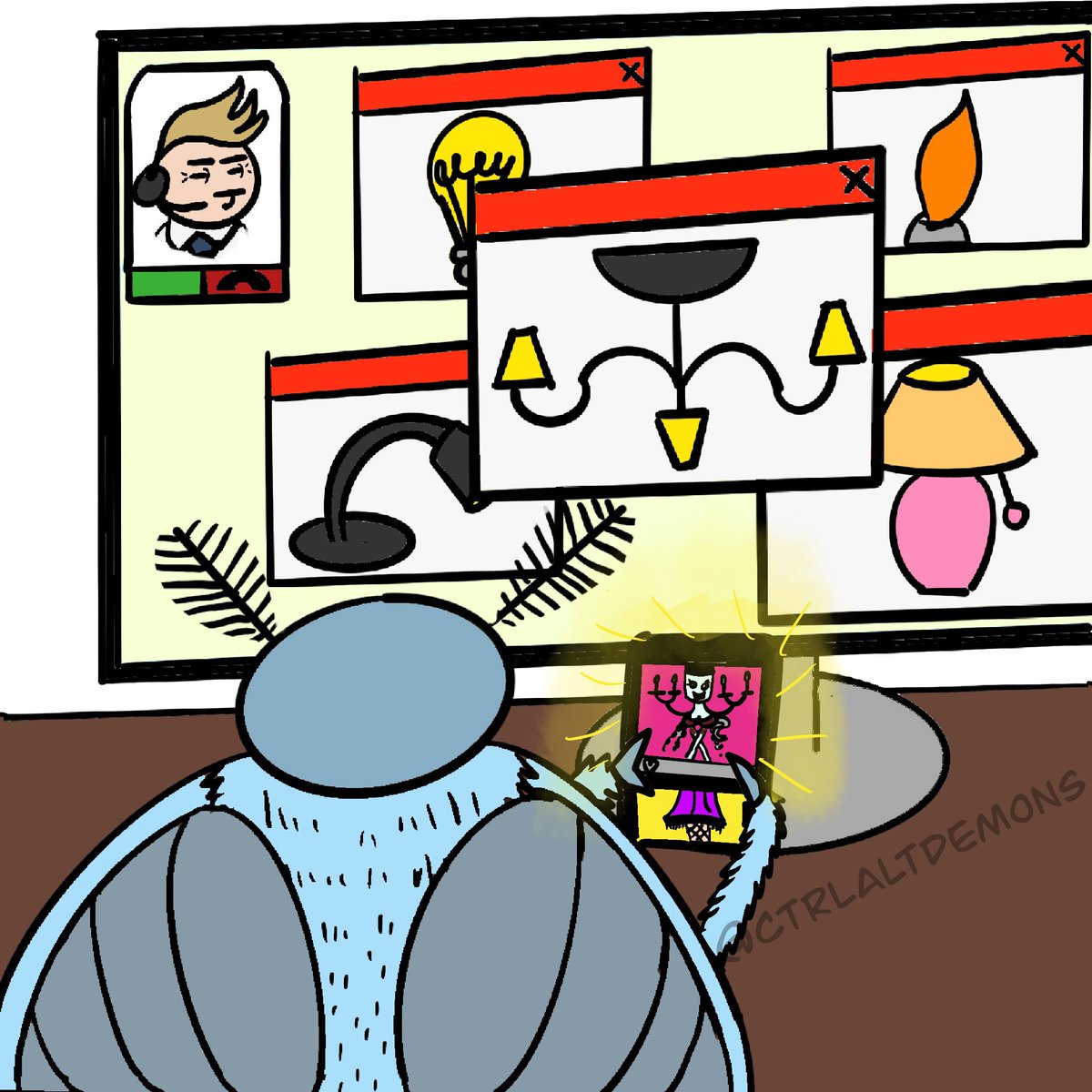 ctrlaltdemons's tweet photo. Moth Man’s screen time is 14 hours a day. 12 of it is chandelier ads.
New episode’s up — hit the profile to see it all.
#CtrlAltDemons #Webcomic #MothMan #ComicStrip #FunnyComics #TargetedAds #TechHumor #AlgorithmFails #RelatableAF #algo https://t.co/a5MXGWGkUc