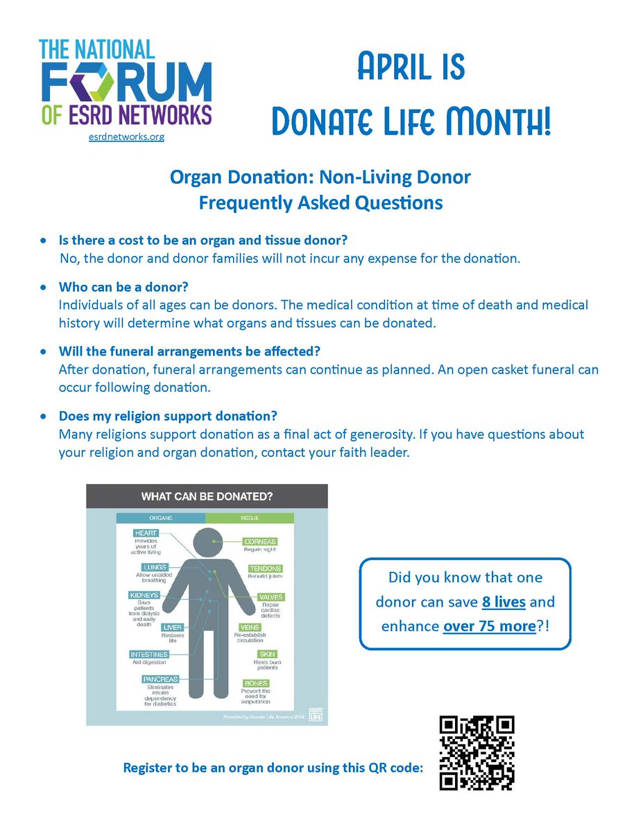 The Kidney Patient Advisory Council developed #DonateLifeMonth flyers, one for each week in April, to increase awareness about donation. Here is the first in the series. Download the flyers at esrdnetworks.org/donate-life-mo… and share with patients, family, and friends!