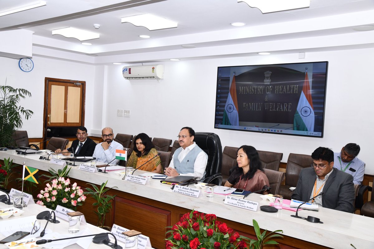 JPNadda's tweet photo. Met with the H.E. Christopher Tufton, Health Minister of Jamaica today in New Delhi. We shared a warm conversation about our nations' historical ties, with a special focus on the 180th anniversary of Indians' arrival in Jamaica.

I was pleased to learn that 60-70% of medicines in Jamaica are sourced from India and deeply appreciated their kind words about our COVID support. We also discussed the MoU on healthcare cooperation, focusing on specialized training, recognition of the Indian Pharmacopoeia, and recruitment of skilled Indian professionals.

Looking forward to strengthening our bilateral relations and enhancing collaboration in healthcare for mutual benefit.