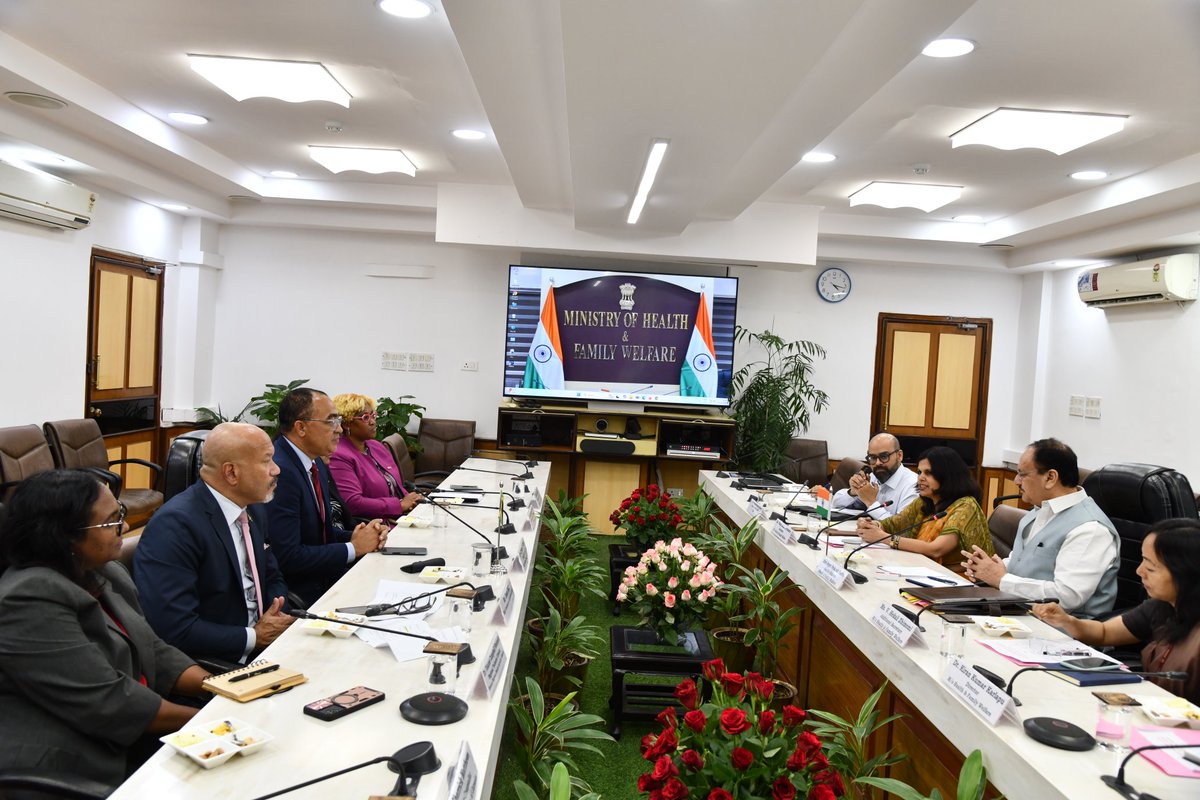 JPNadda's tweet photo. Met with the H.E. Christopher Tufton, Health Minister of Jamaica today in New Delhi. We shared a warm conversation about our nations' historical ties, with a special focus on the 180th anniversary of Indians' arrival in Jamaica.

I was pleased to learn that 60-70% of medicines in Jamaica are sourced from India and deeply appreciated their kind words about our COVID support. We also discussed the MoU on healthcare cooperation, focusing on specialized training, recognition of the Indian Pharmacopoeia, and recruitment of skilled Indian professionals.

Looking forward to strengthening our bilateral relations and enhancing collaboration in healthcare for mutual benefit.