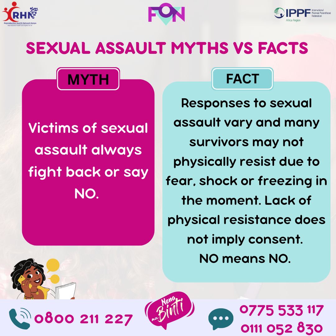 March is Sexual assault awareness month and it is essential for us to have all the facts right regarding SA so just swipe and let's debunk a few myths 
 #RHNK4SRHR
 #RHNKImpact