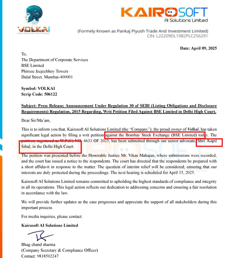 drprashantmish6's tweet photo. 39 cr mcap company , filed a petition against BSE for share inclusion in GSM stage 4 ( Once a week trading with PAC) 
Advocate is Kapil Sibal Ji .
Dam hai company me ,At least someone stood up against over-regulation.
Kudos to KAIROSOFT management . https://t.co/kOFpghey8k