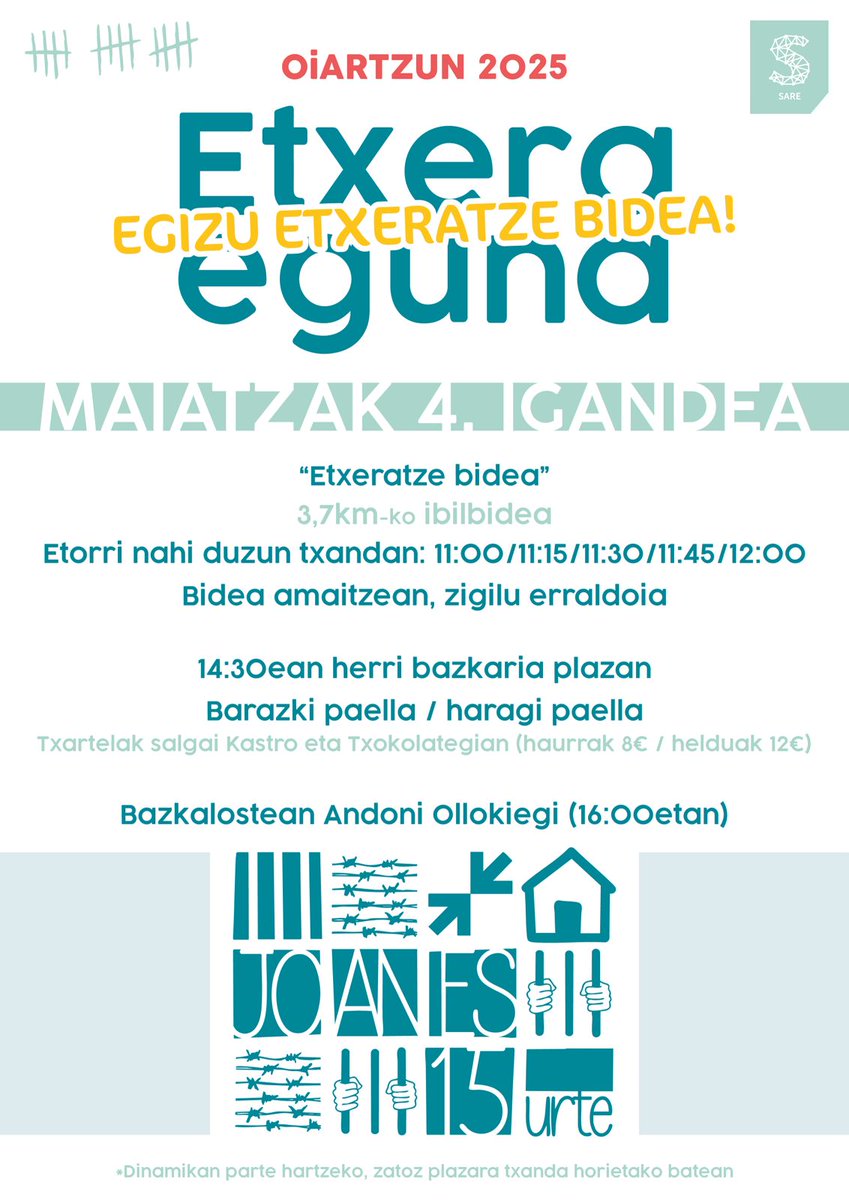 sareoiartzun's tweet photo. Ate joka dugu aurtengo #Etxera eguna, #Oiartzun.
 Ez galdu, eta egizu zuk ere etxeratze bidea, #behinbetiko
*Bazkari txartelak salgai bihartik aurrera!
Etxerako bidea: 11:00etatik aurrera, hautatu nahi duzun txanda, eta zatoz plazara! Zuen zain egongo gara, zatozte! https://t.co/CKrjIyLyPg