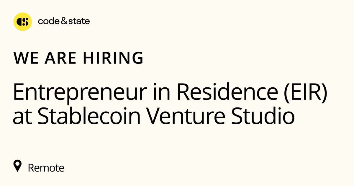 We’re still looking for founders who want to build in the stablecoin space.

Infra, privacy, payments, on/off ramps — still tons to figure out.

Our EIR program is open:
- 9–12 months
- ~80% ownership
- Full support from the studio

Apply here: 🔗 jobs.codeandstate.com/jobs/c43a23a6-…