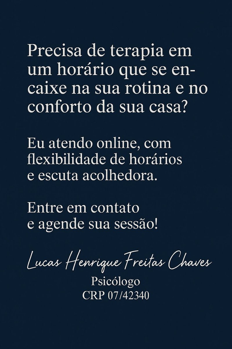 Invista na sua saúde mental. Cuidar de você é o primeiro passo para transformar sua vida.

#Terapia #TerapiaOnline #Psicologia #SaúdeMental #Autocuidado #BemEstar #EquilíbrioEmocional #PsicólogoOnline