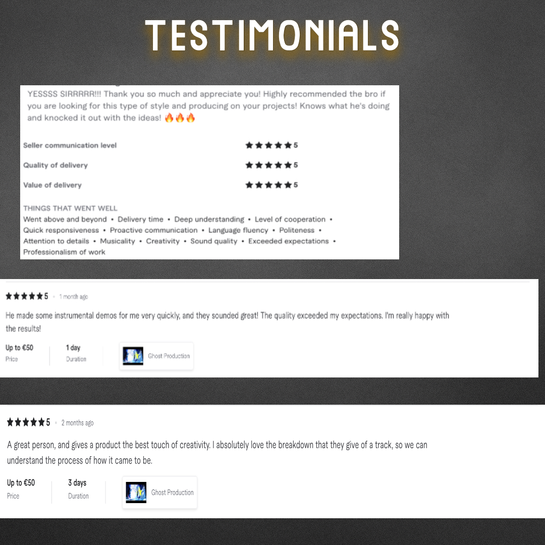 🚨New reviews are in !

March was a solid month ! Happy clients, new connections, and a steady growth.
Huge thanks to all the artists and creators who trusted me to bring their ideas to life 🙌
Hit me up if you’re looking for original, high-quality production !