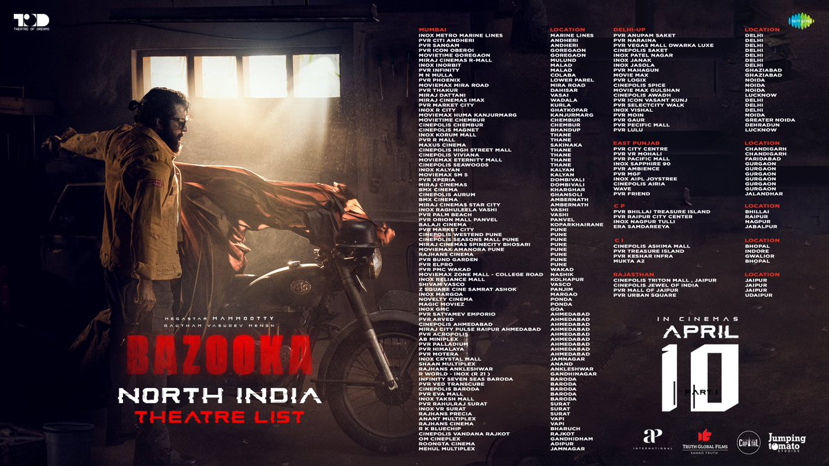 AP International (@apifilms) on Twitter photo Game on! ๐ฏ #Bazooka is hitting theatres tomorrow near you! Check out the theatre list and book your seats now! ๐๏ธ
#BazookaFromTomorrow
<a href="/mammukka/">Mammootty</a> <a href="/menongautham/">Gauthamvasudevmenon</a> <a href="/actorbabuantony/">Babu Antony(Bob Antony)</a> #GayathiriIyer #DivyaPillai #AnoopMenon #SharafUDheen #ShineTomChacko #ShammiThilakan #GeorgeMaryan Game on! ๐ฏ #Bazooka is hitting theatres tomorrow near you! Check out the theatre list and book your seats now! ๐๏ธ
#BazookaFromTomorrow
<a href="/mammukka/">Mammootty</a> <a href="/menongautham/">Gauthamvasudevmenon</a> <a href="/actorbabuantony/">Babu Antony(Bob Antony)</a> #GayathiriIyer #DivyaPillai #AnoopMenon #SharafUDheen #ShineTomChacko #ShammiThilakan #GeorgeMaryan