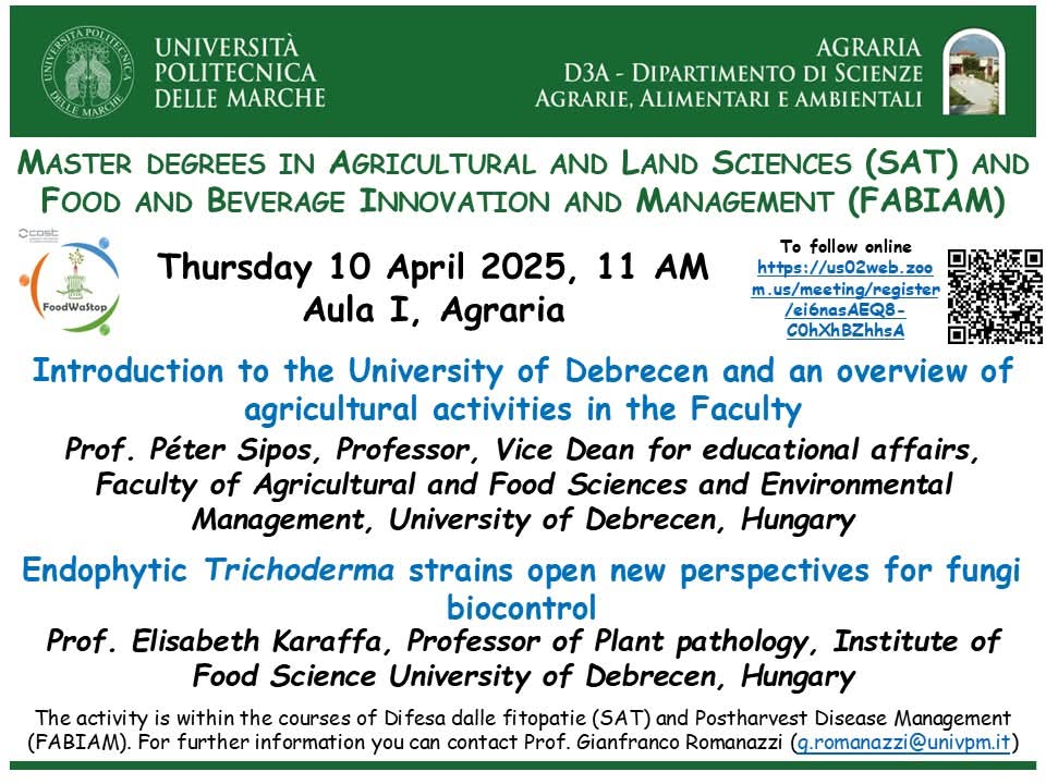 Seminar at Università Politecnica delle Marche, Interesting Talks from the University of Debrecen, Prof. Péter Sipos and Prof. Elisabeth Karaffa. You can also join us online by registering here: us02web.zoom.us/meeting/regist…