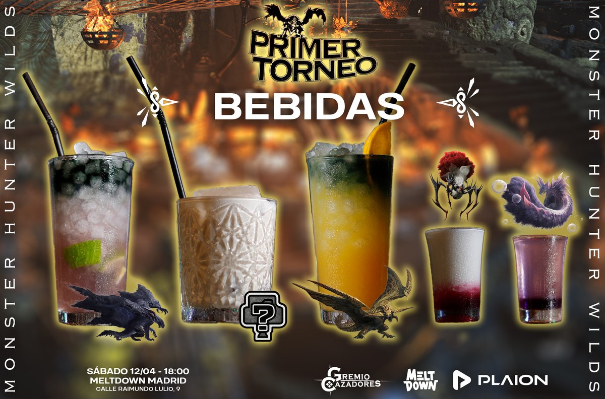 Gremio de Cazadores (@gremiocazadores) on Twitter photo ¡Cazadores! Este finde, en el primer torneo de #MHWilds en <a href="/MeltdownMadrid/">Meltdown Madrid</a>, podréis disfrutar de estas bebidas temáticas inspiradas en la saga.
Izq. → Der. 🍹: Gore Magala, Leche de Wyvern, Rey Dau, Lala Barina y Mizutsune.
¡Disfrutadlas como si del Gran Centro se tratara! 🎆 ¡Cazadores! Este finde, en el primer torneo de #MHWilds en <a href="/MeltdownMadrid/">Meltdown Madrid</a>, podréis disfrutar de estas bebidas temáticas inspiradas en la saga.
Izq. → Der. 🍹: Gore Magala, Leche de Wyvern, Rey Dau, Lala Barina y Mizutsune.
¡Disfrutadlas como si del Gran Centro se tratara! 🎆