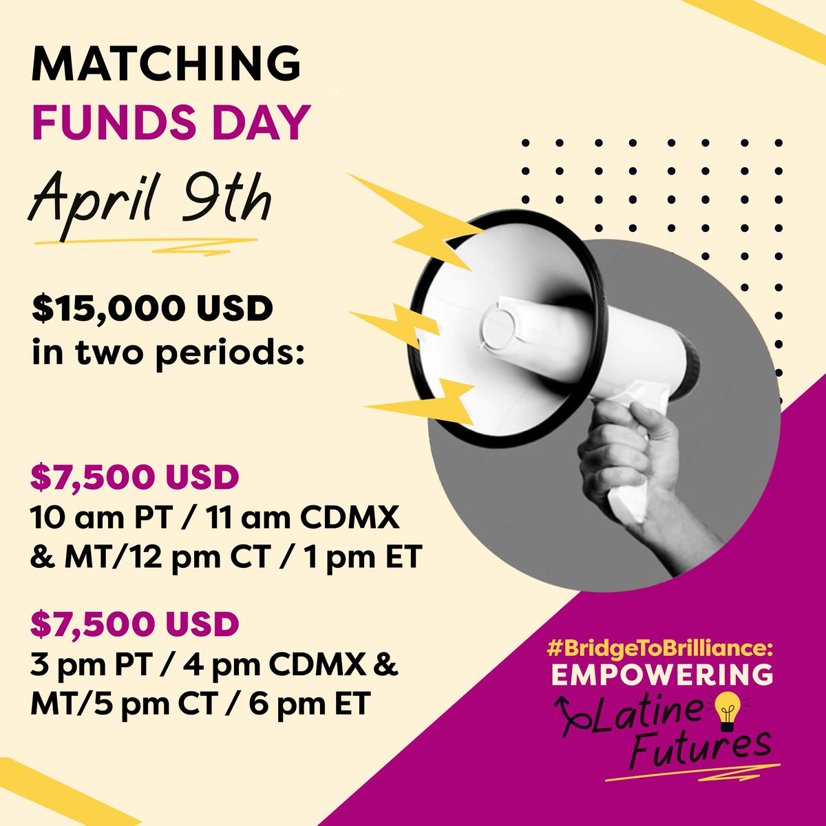 🔥 MATCHING FUNDS ALERT! 🔥 

Today, HIPGive is doubling your impact for Latine students' education. Every dollar you give could be matched, making your contribution go twice as far! 💸💸

✨$7,500 USD - 1 pm ET
✨$7,500 USD - 6 pm ET