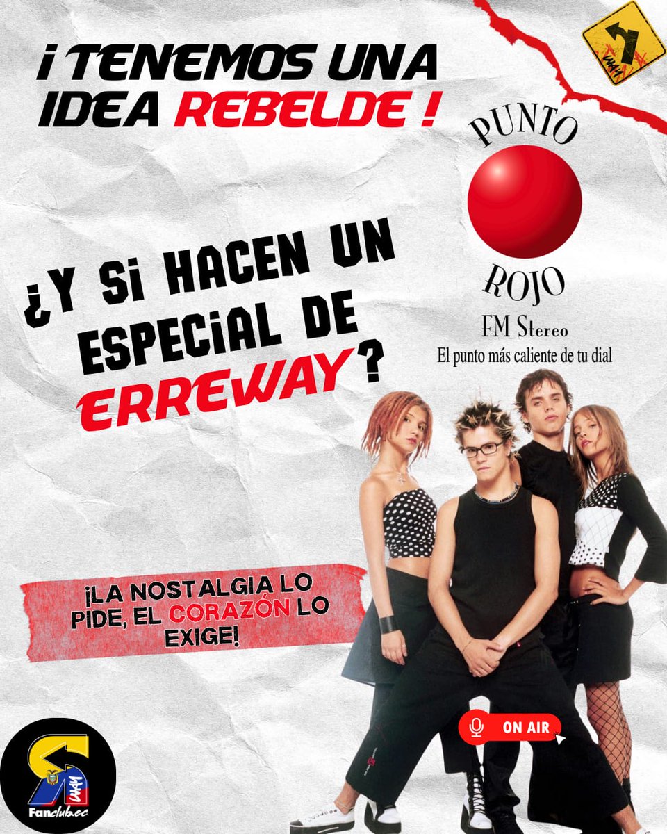 Rway_Ecuador's tweet photo. ¡Tenemos una idea REBELDE! 😈
@RadioPuntoRojo, ¿se animan a un especial de Erreway?
🎤 La nostalgia lo pide, el corazón lo exige.
#ErrewayEnPuntoRojo #QueremosErreway #ErrewayEnEcuador @Errewaytour https://t.co/3XrAkECNSn