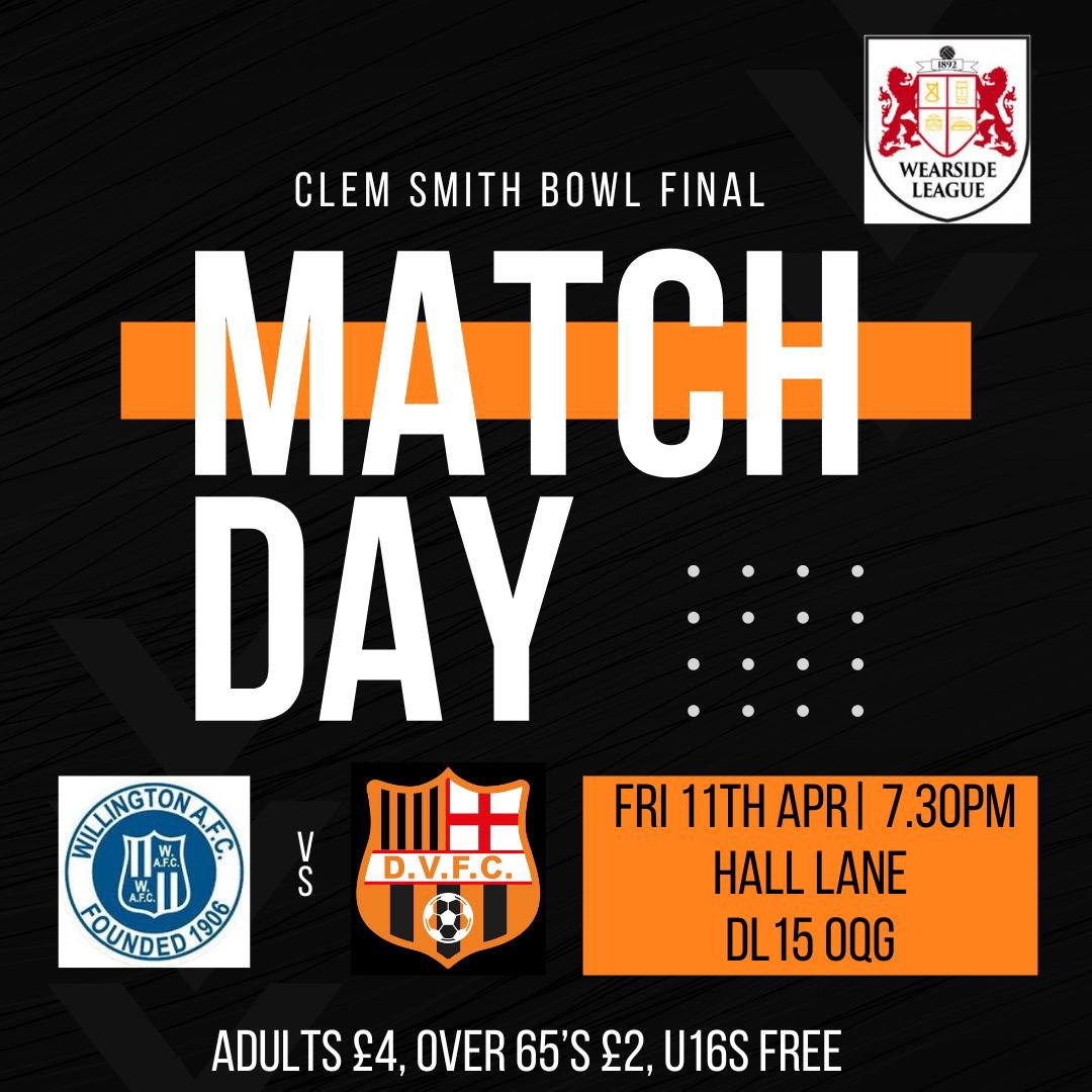 Friday see us take on <a href="/WillingtonAFC/">Willington AFC</a> in the final of the <a href="/WearsideLeague/">Wearside League</a> Clem Smith Bowl 7.30pm kick off at Hall Lane. A major tough test for our youngsters versus the soon to be champions of division 1. Any support is greatly appreciated as ever 🟠⚫️🟠⚫️