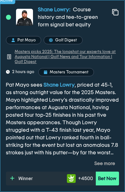 TaeksByGambly's tweet image. Pat Mayo (@ThePME) sees great value in Shane Lowry at 45-1 for the 2025 Masters. Noting Lowry&apos;s strong tee-to-green stats and improved Augusta form (4 top-25 finishes in 5 starts), Mayo believes he&apos;s a top betting pick! #Masters2025 #GolfDigest