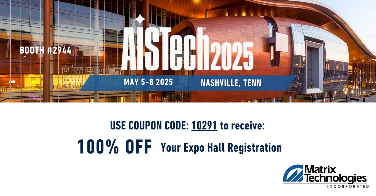 MatrixTechInc's tweet image. We hope to see you at the AISTech Iron & Steel Expo in May! Use code: 10291 to receive 100% off your expo hall registration hubs.li/Q03cCBw40
#MatrixTech