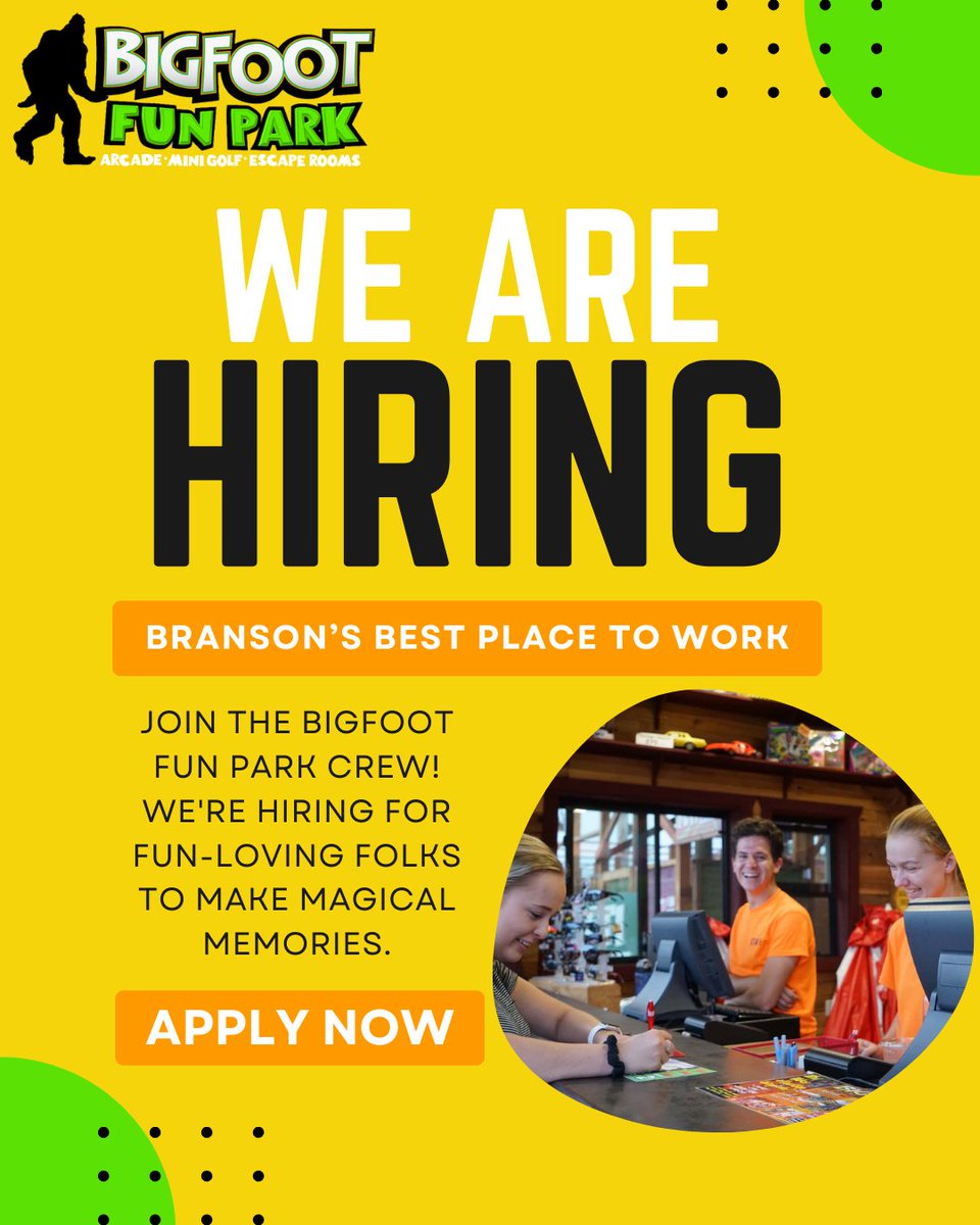 BigfootFanClub's tweet photo. We are hiring! Join the Bigfoot Fun Park Crew! We're hiring for fun-loving folks to make magical memories. 

https://t.co/omzDIA1xFC https://t.co/OUDFQRV6Qc