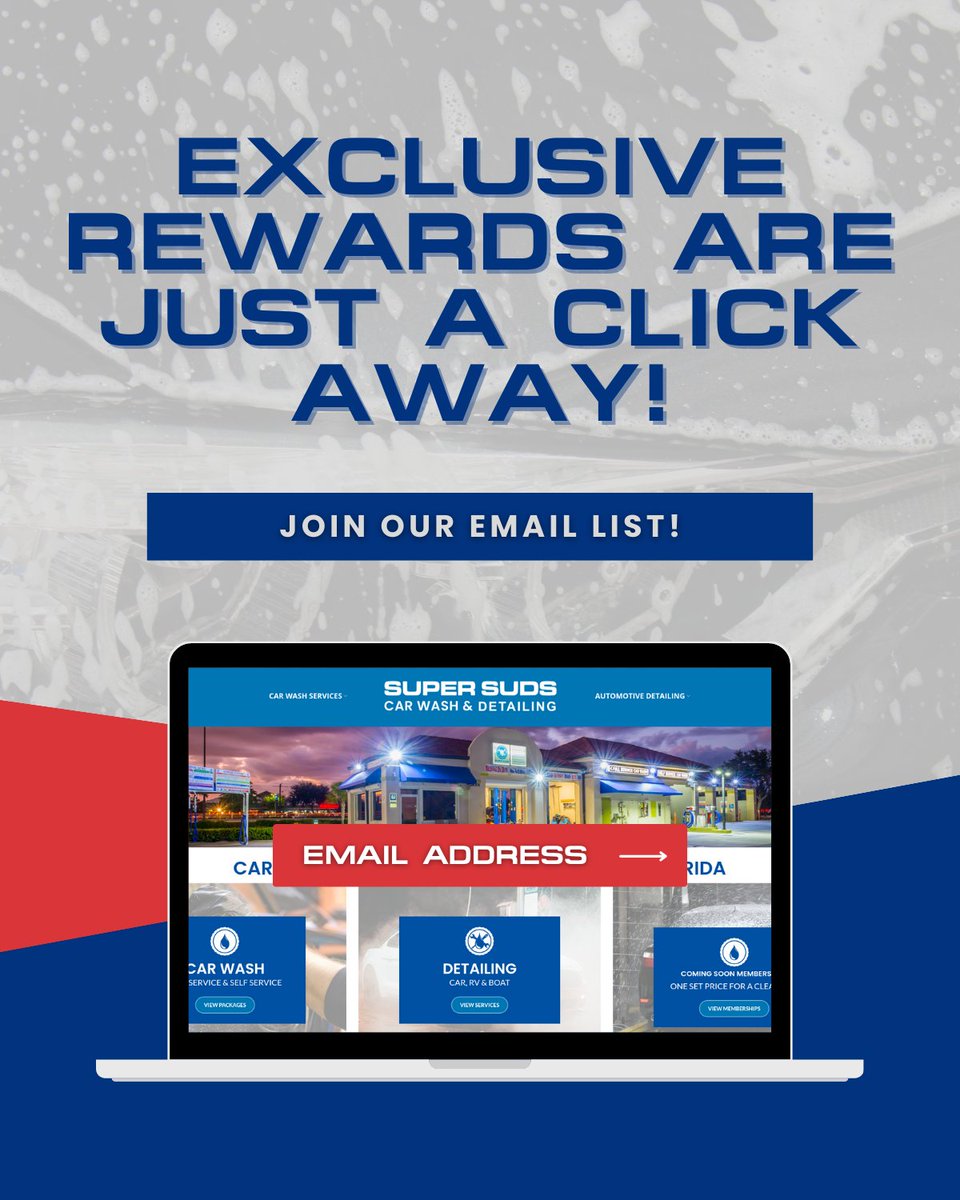 supersudsfl's tweet photo. Get the best promotions and rewards when you sign up for our Super Suds Car Wash &amp; Auto Detailing emails! Be the first to know about exclusive offers and get the VIP treatment your car deserves!

📲 Join now! ➡ https://t.co/vYzQsv8Mhg https://t.co/Va8x8mnvH2