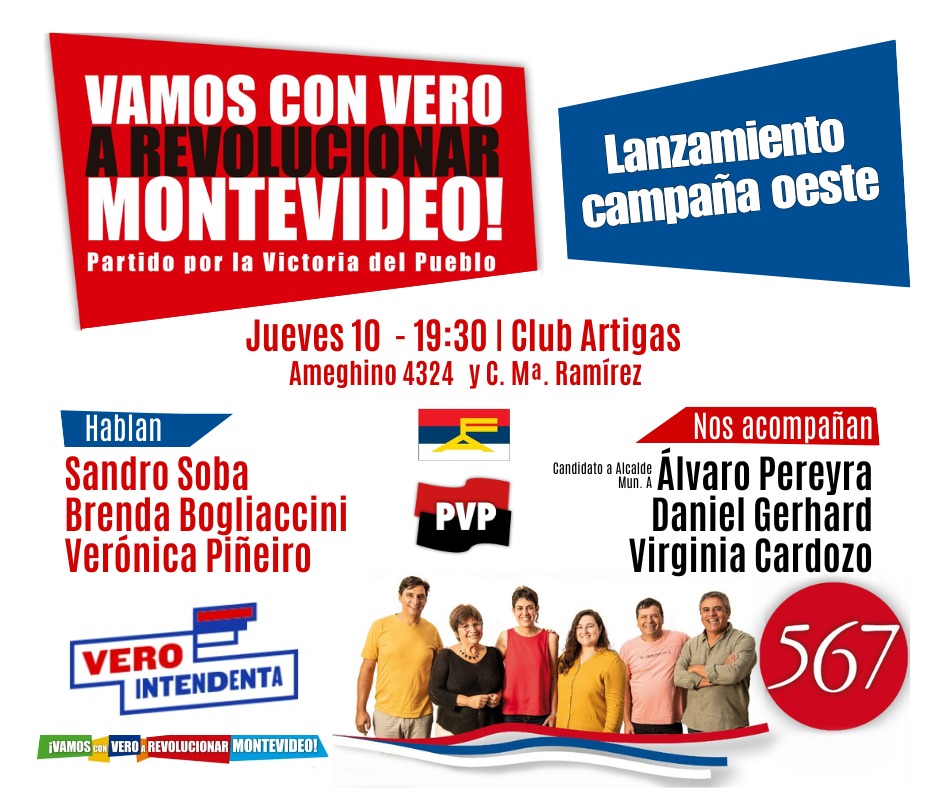 PVP | Espacio 567 | Frente Amplio (@pvp_espacio567) on Twitter photo #Mañana
Lanzamos oficialmente nuestra campaña del Oeste de Montevideo.
🗣 <a href="/Veropr2810/">Vero Piñeiro</a> <a href="/brendaboglia/">Brenda Bogliaccini</a> y <a href="/SobaSandro/">Sandro Soba</a>
👥️ <a href="/DanielGerhard5/">Daniel Gerhard</a> <a href="/Virginia_567/">Virginia Cardozo</a> y <a href="/AlvaropereyraFA/">Alvaro Pereyra</a>
📍Club Artigas (Ameghino 4324 y C. M. Ramírez)
🕡 19:30
📽 Facebook del PVP-Espacio 567
¡Les esperamos! #Mañana
Lanzamos oficialmente nuestra campaña del Oeste de Montevideo.
🗣 <a href="/Veropr2810/">Vero Piñeiro</a> <a href="/brendaboglia/">Brenda Bogliaccini</a> y <a href="/SobaSandro/">Sandro Soba</a>
👥️ <a href="/DanielGerhard5/">Daniel Gerhard</a> <a href="/Virginia_567/">Virginia Cardozo</a> y <a href="/AlvaropereyraFA/">Alvaro Pereyra</a>
📍Club Artigas (Ameghino 4324 y C. M. Ramírez)
🕡 19:30
📽 Facebook del PVP-Espacio 567
¡Les esperamos!