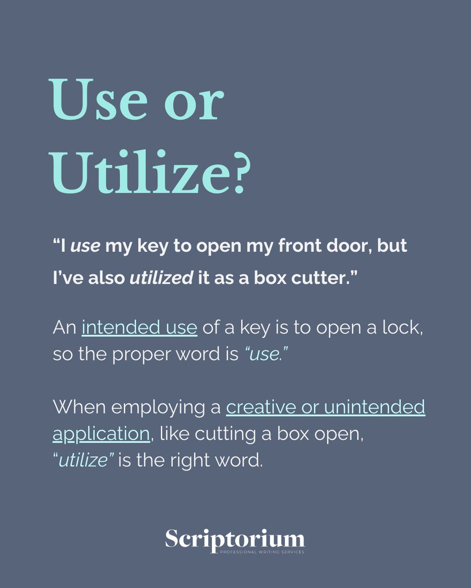 Use or utilize? When in doubt, always use “use.”

#TechnicalWriting #Scriptorium #TechWriting #TechWriter #Editing #WritingTips #WritingAdvice #WritingProblems #ProfessionalWriting #Proofreading #GrammarTip